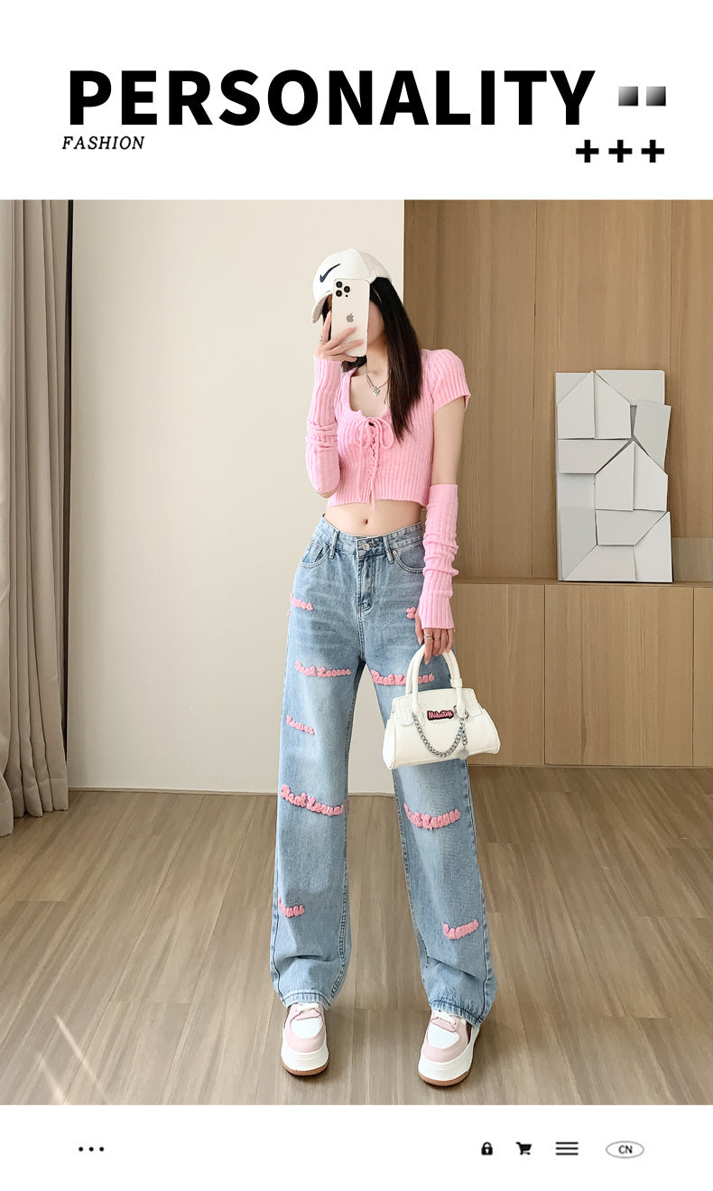 Women&#39;s Wide-leg Jeans Embroidered Letters Straight-leg Pants