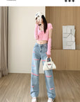 Women's Wide-leg Jeans Embroidered Letters Straight-leg Pants