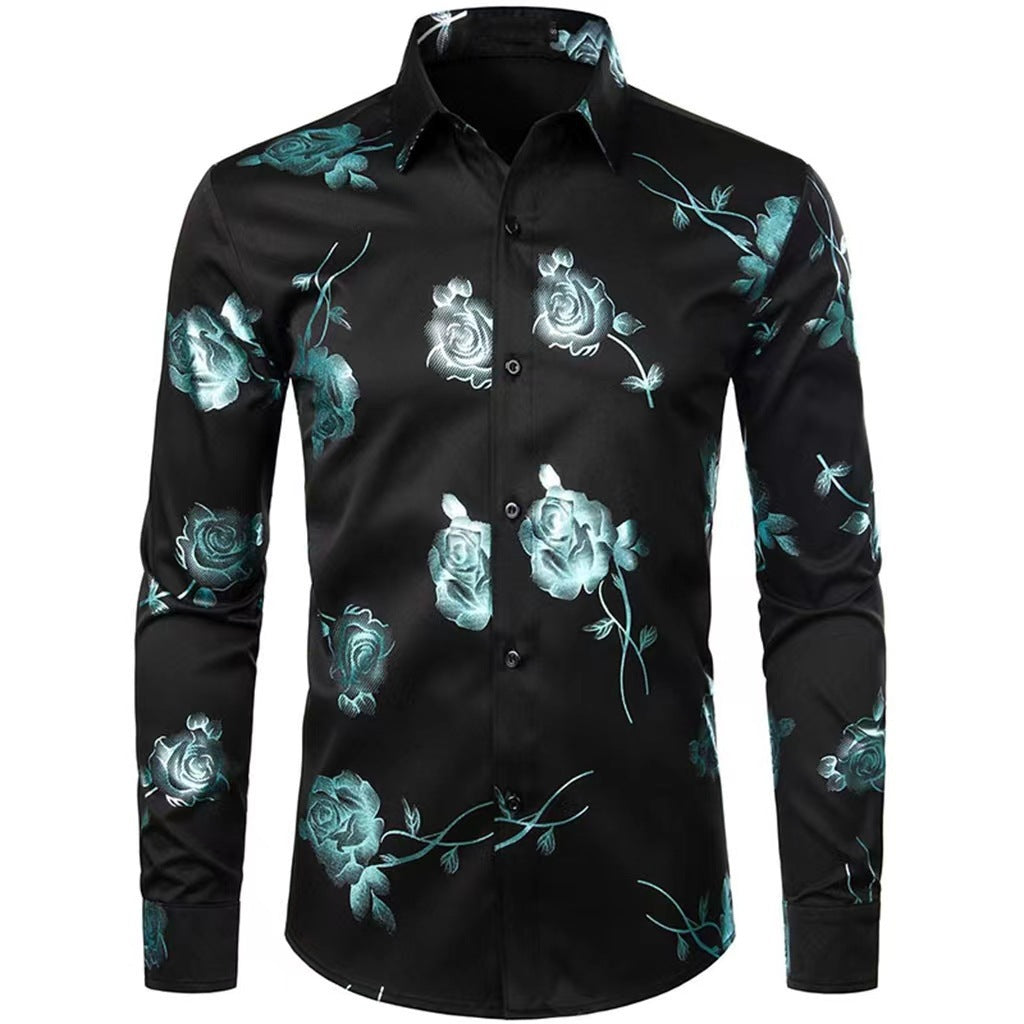 Men Floral Print Long Sleeve Shirt – 3D Digital Printed Stretch Slim Fit Urban Lapel Dress Shirt