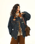 Vintage Denim Jacket  Women Motorcycle Loose Lapels