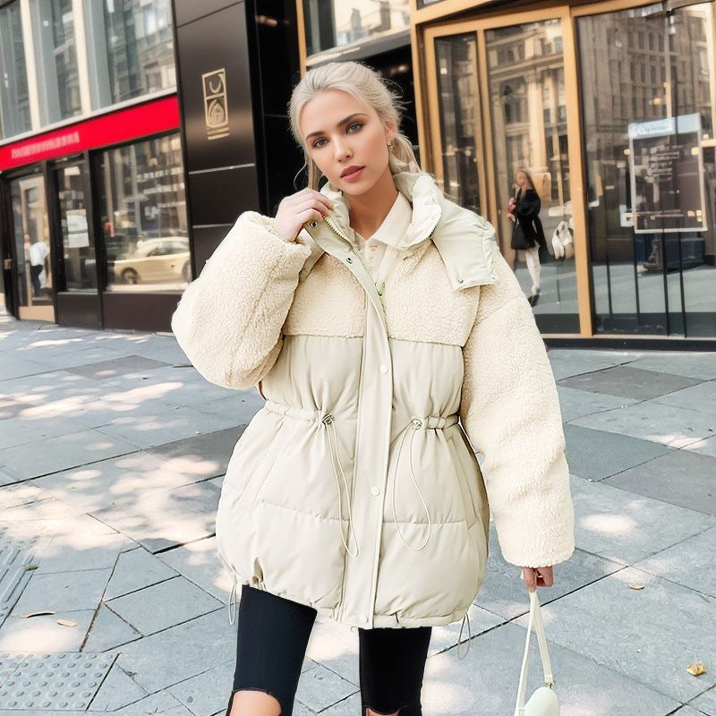 Women’s Cotton-Padded Lamb Wool Coat – Drawstring Waist Thickened Winter Jacket