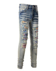 Iridescence Printed Patch Worn Baby Blue Jeans Male