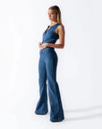 Women’s Heart-Shaped Backless Denim Jumpsuit – Halter Neck, High-Waist Zip-Up Slim Retro One-Piece