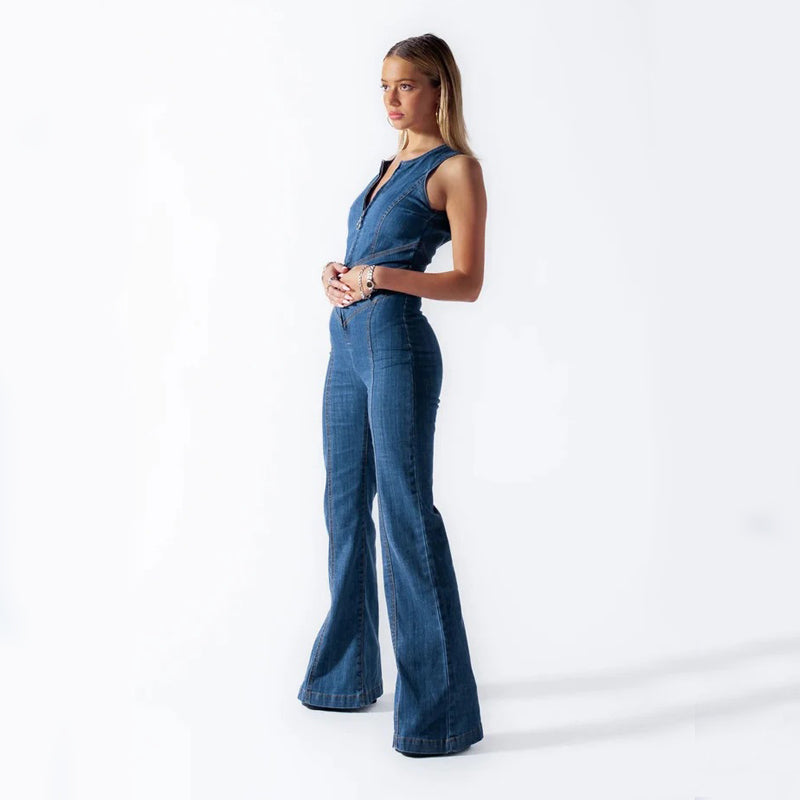 Women’s Heart-Shaped Backless Denim Jumpsuit – Halter Neck, High-Waist Zip-Up Slim Retro One-Piece