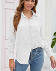 Romantic Fabric Lace Hollow-out Solid Color Long-sleeved Shirt