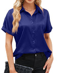 Lapel Button Short Sleeve Shirt Summer Casual Loose Solid Color Beach Top For Womens Clothing