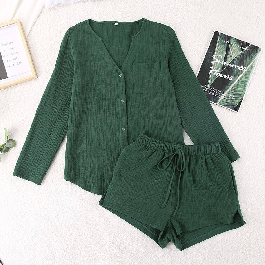 🌙 Women’s Double-Layer Cotton Gauze Pajama Set – Long Sleeve &amp; Shorts