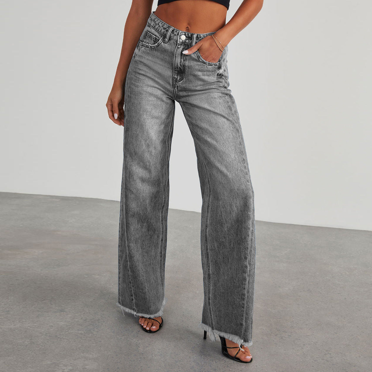 High Waist Jeans With Pockets Comfortable Slim Fit Straight Wide-leg