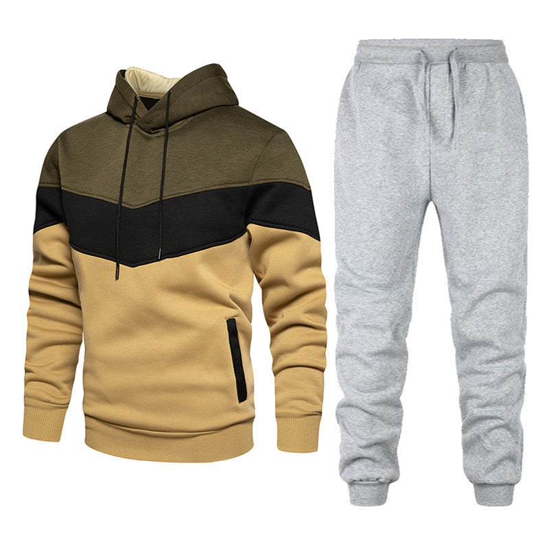Men’s Fashion Colorblock Hooded Sports Suit – Running &amp; Outdoor Winter Tracksuit with Stitching Design