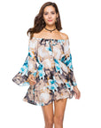 Women’s Printed Tie-Neck Dress – Elastic Waist, One-Shoulder Collar & Lotus Leaf Sleeves