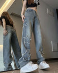 Blue Embroidered Jeans Women Loose Straight-leg Wide-leg Pants