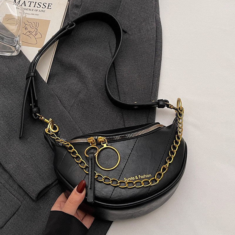 Women’s Saddle Crossbody Bag – Small PU Leather Shoulder Purse with Detachable Chain Strap and Zipper Closure