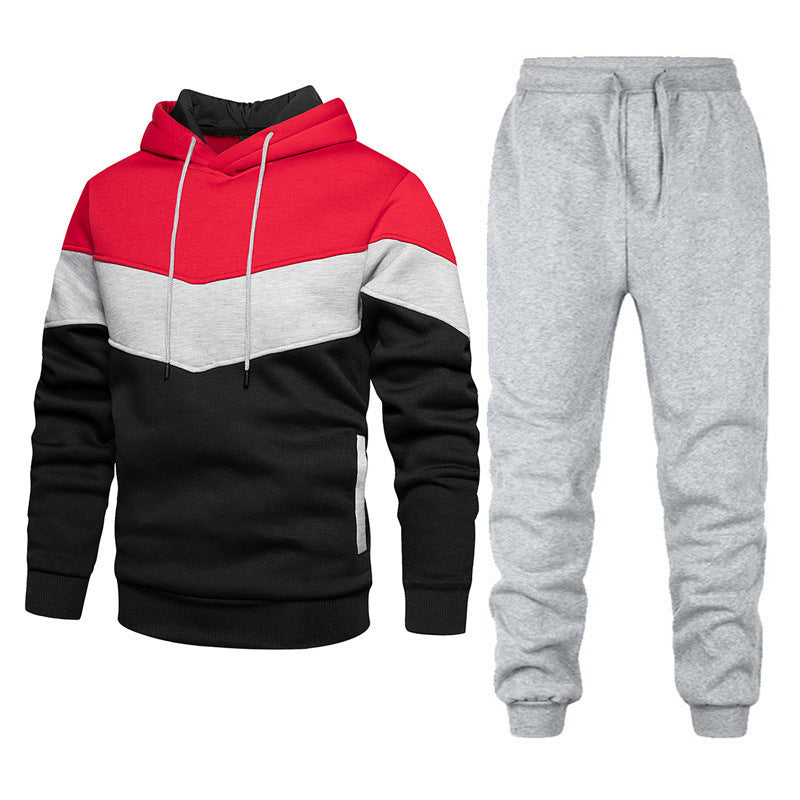 Men’s Fashion Colorblock Hooded Sports Suit – Running &amp; Outdoor Winter Tracksuit with Stitching Design