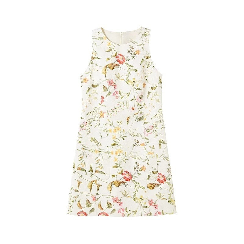 Women Business Short Cotton Dress – French Jacquard A-Line Sleeveless High Waist Commuter Dress