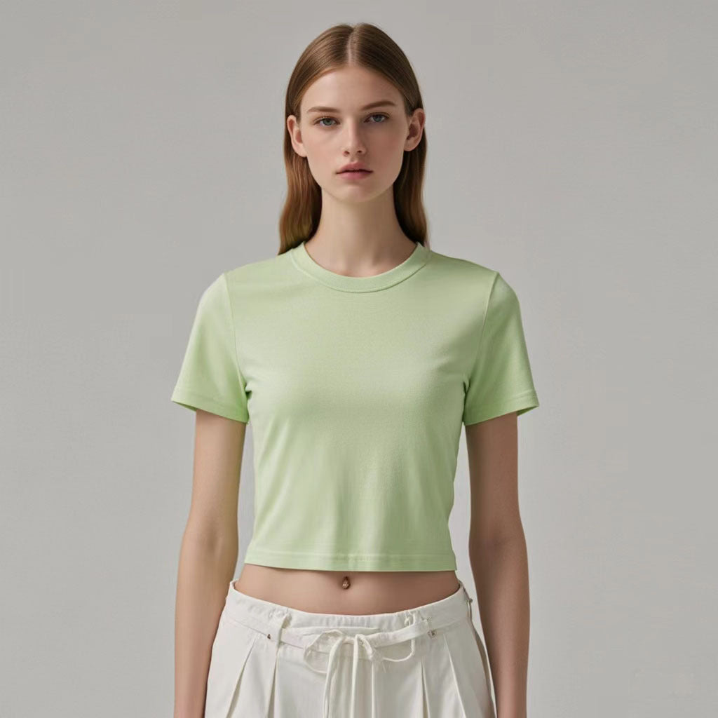 Women’s Cropped Cotton T-Shirt – American Style Short Sleeve Slim Fit Tee with Round Neck, Soft Fabric &amp; Trendy Navel-Length Design