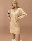 WOMEN Mid-length Sweater V-neck Knitted Twist Dress