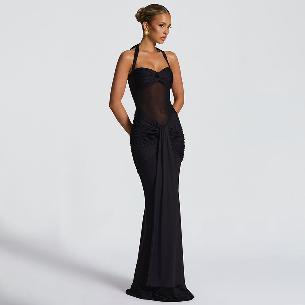 Women’s Elegant Halter Tie-Neck Mesh Ribbon A-Line Long Dress