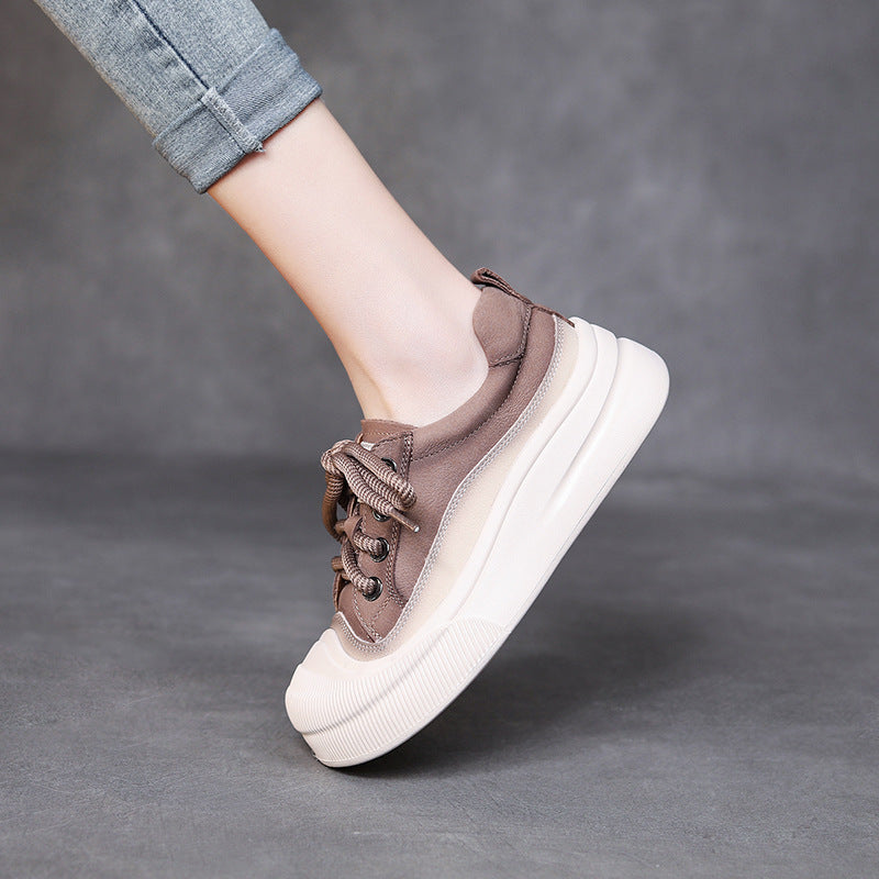 Women’s Full-Grain Leather Lace-Up Shoes – Classic Round-Toe (Yellow/Cameo Brown, Sizes 35-40)