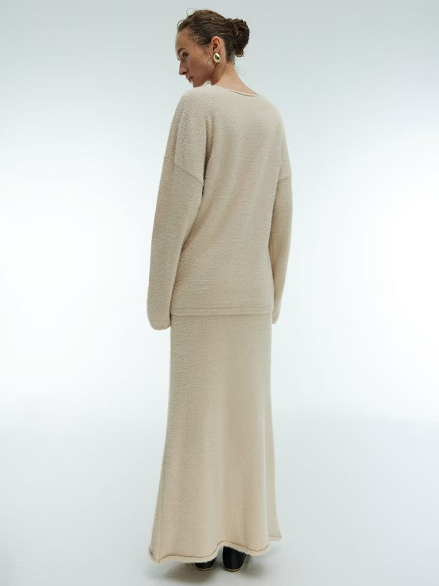 Women’s Knitted V-Neck Sweater &amp; Long Skirt Set – Simple Elegant Two-Piece Outfit