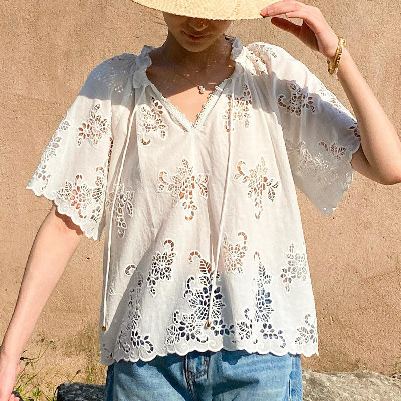 🌸 French Riviera Elegance: Women&#39;s Embroidered Cotton Lace Blouse