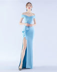 Women’s Satin Off-Shoulder Long Occasional Dress – Slim-Fit Elegant Evening Gown