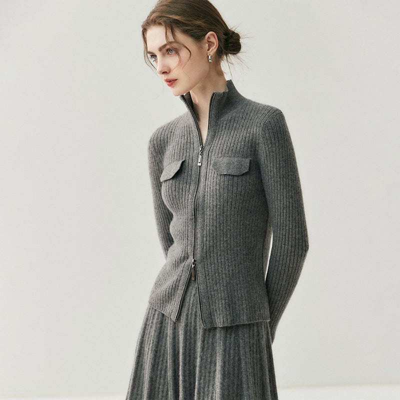 Women 100% Cashmere Knitted Cardigan – Korean Style Slim Fit Half Turtleneck Zip-Up Sweater