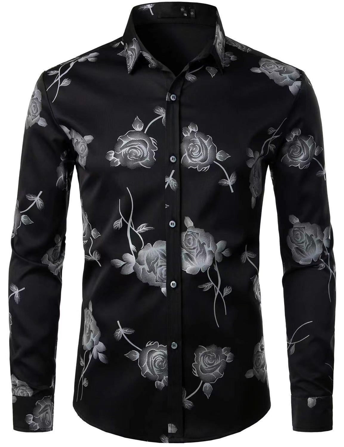 Men Floral Print Long Sleeve Shirt – 3D Digital Printed Stretch Slim Fit Urban Lapel Dress Shirt