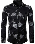 Men Floral Print Long Sleeve Shirt – 3D Digital Printed Stretch Slim Fit Urban Lapel Dress Shirt