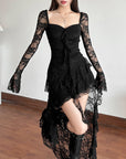 Women’s Fall Square Collar Lace Stitching Dress – High Waist Long Sleeve A-Line