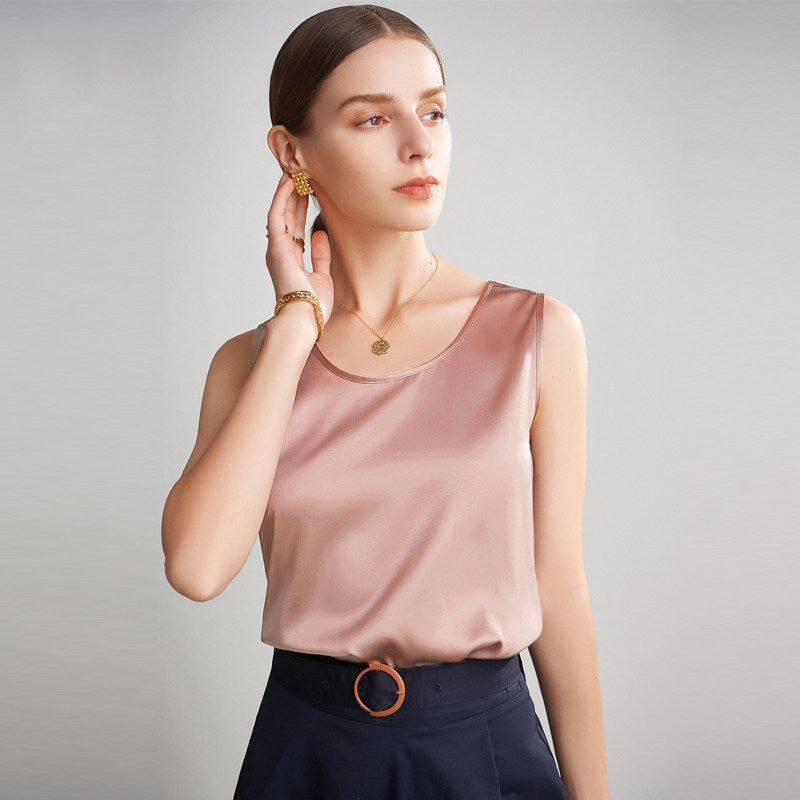 Women 100% Mulberry Silk Sleeveless Camisole Top – Satin Loose Fit Elegant Solid Color Summer Layering Vest