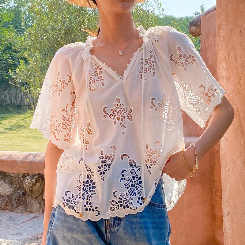 🌸 French Riviera Elegance: Women&#39;s Embroidered Cotton Lace Blouse