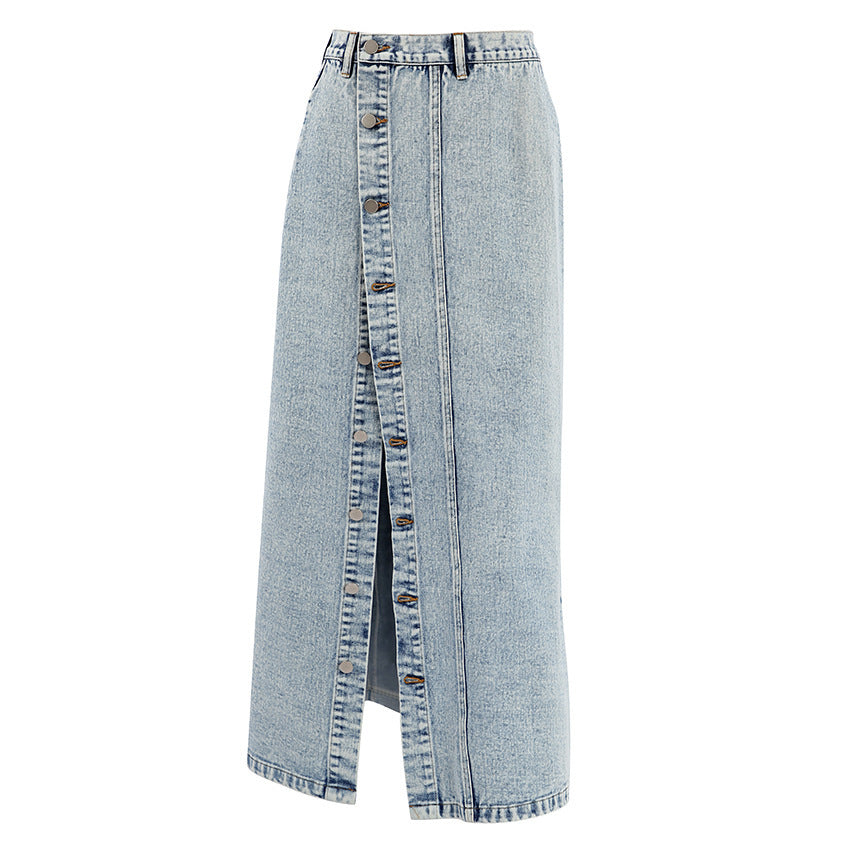 Women&#39;s Distressed Denim Maxi Skirt - Stretchy Washed A-Line Long Skirt (Spandex Blend, S-L) for Office &amp; Casual Wear