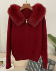 Women’s Hooded Spring Coat – Zipper Cardigan with Real Fox Fur Collar