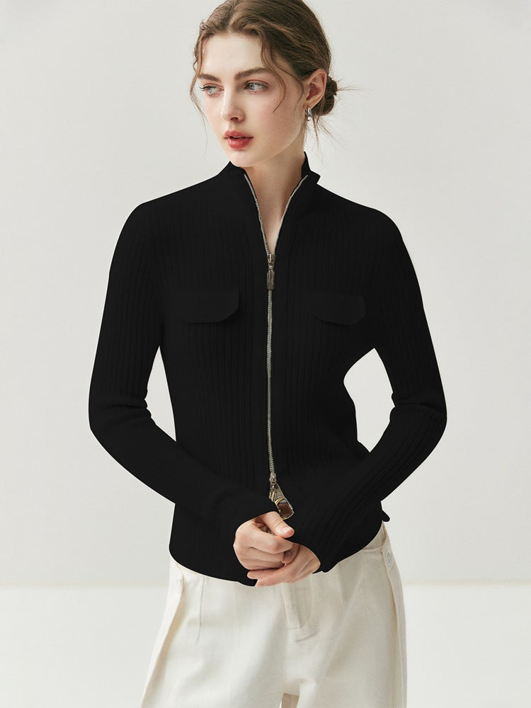 Women 100% Cashmere Knitted Cardigan – Korean Style Slim Fit Half Turtleneck Zip-Up Sweater