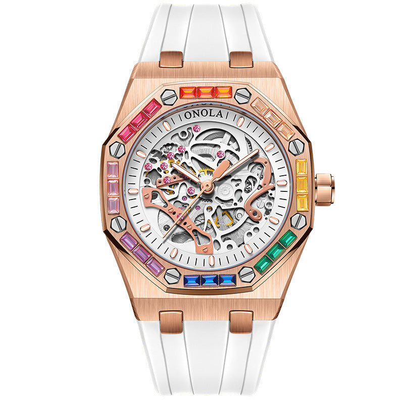 Men&#39;s Silicone Band Rainbow Diamond Automatic Mechanical Watch