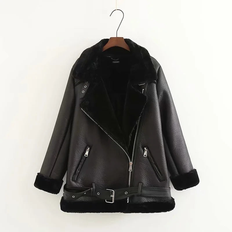 Jacket Tops Women&#39;s  Belt PU Leather Jacket