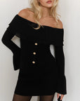Women’s Off-Shoulder Clinched Splicing Knitwear – Elegant Long-Sleeve Bell-Sleeve Sweater Top