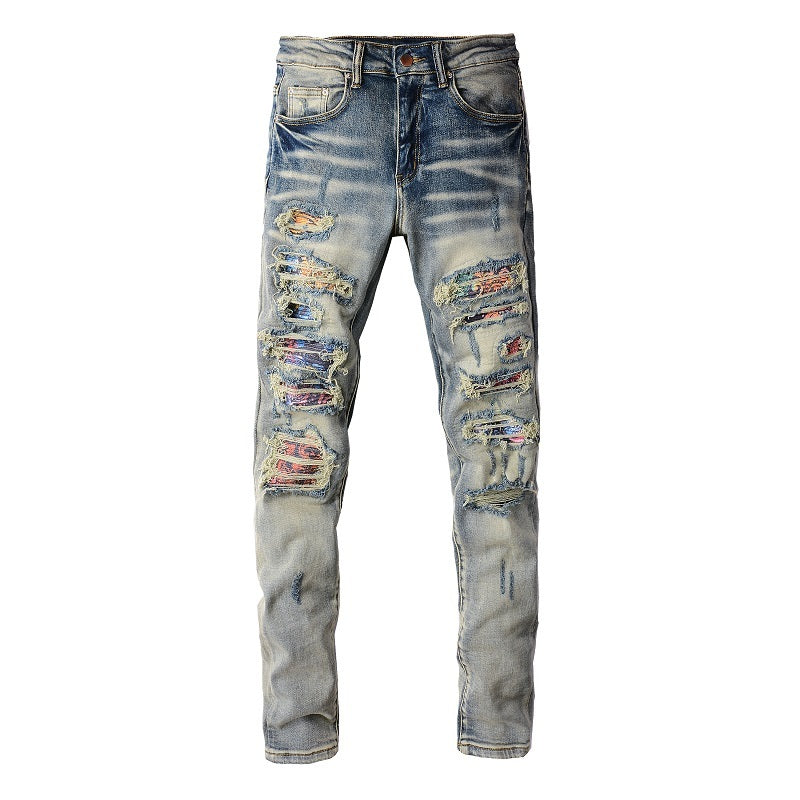 Iridescence Printed Patch Worn Baby Blue Jeans Male