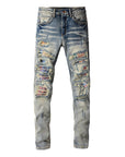 Iridescence Printed Patch Worn Baby Blue Jeans Male