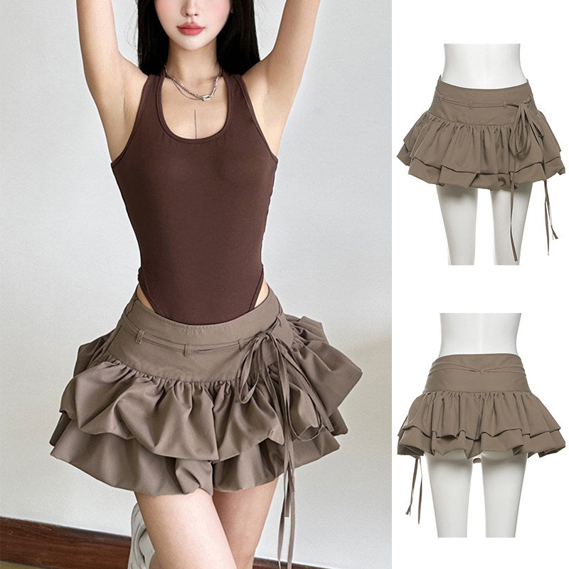 Women’s Asymmetrical High Waist A-Line Skirt – Ruffled Street Style Midi Skirt with Lace Detail &amp; Slim Fit