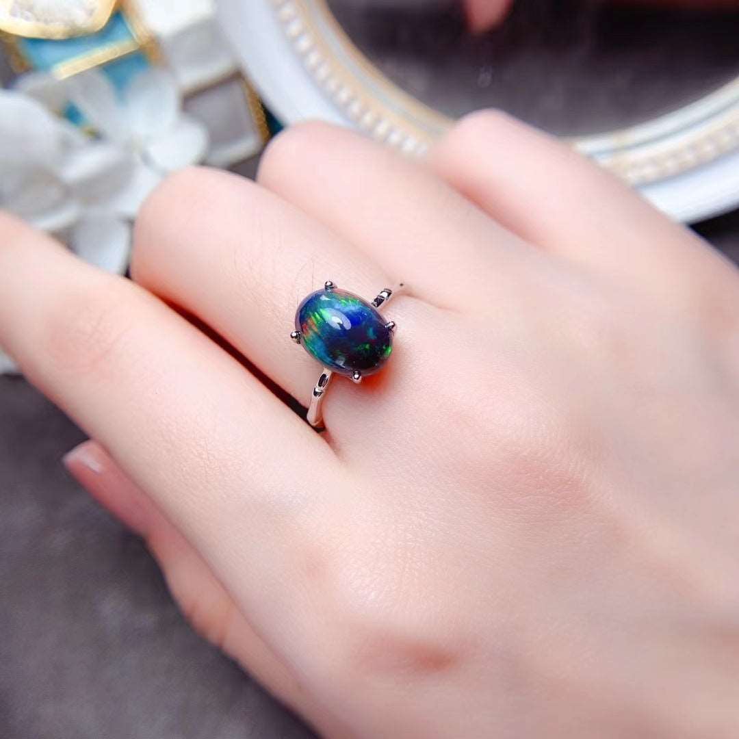 925 Silver Delicate Mosaic Natural Black Opal Ring  (3 to 7 days shipping)