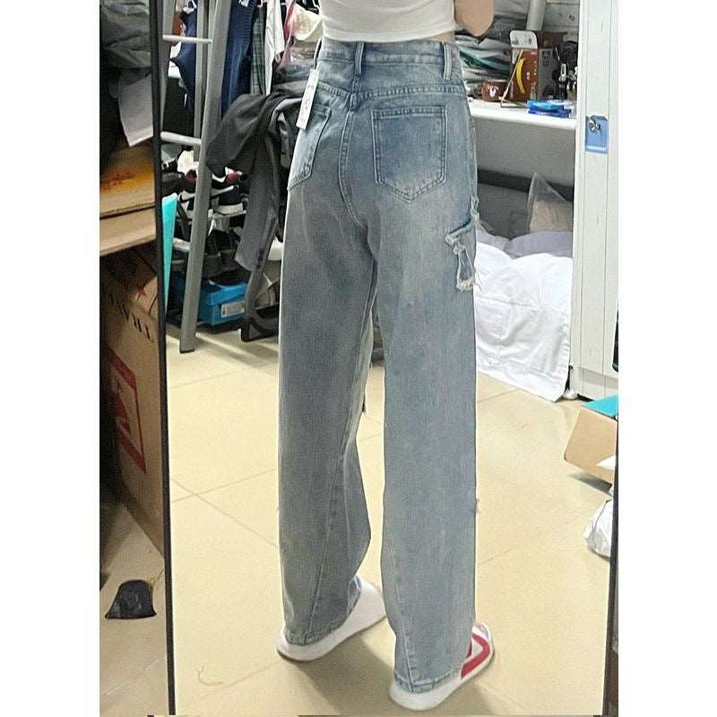 Blue Embroidered Jeans Women Loose Straight-leg Wide-leg Pants