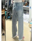 Blue Embroidered Jeans Women Loose Straight-leg Wide-leg Pants