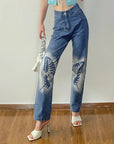 🦋 Women’s High-Rise Straight-Leg Butterfly Print Jeans – Street Style