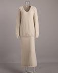Women’s Knitted V-Neck Sweater & Long Skirt Set – Simple Elegant Two-Piece Outfit