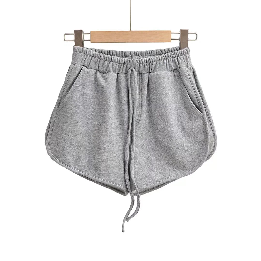 Women High-Waist Cotton Terry Shorts – Drawstring Casual Loose Fit Lounge Shorts with Pockets