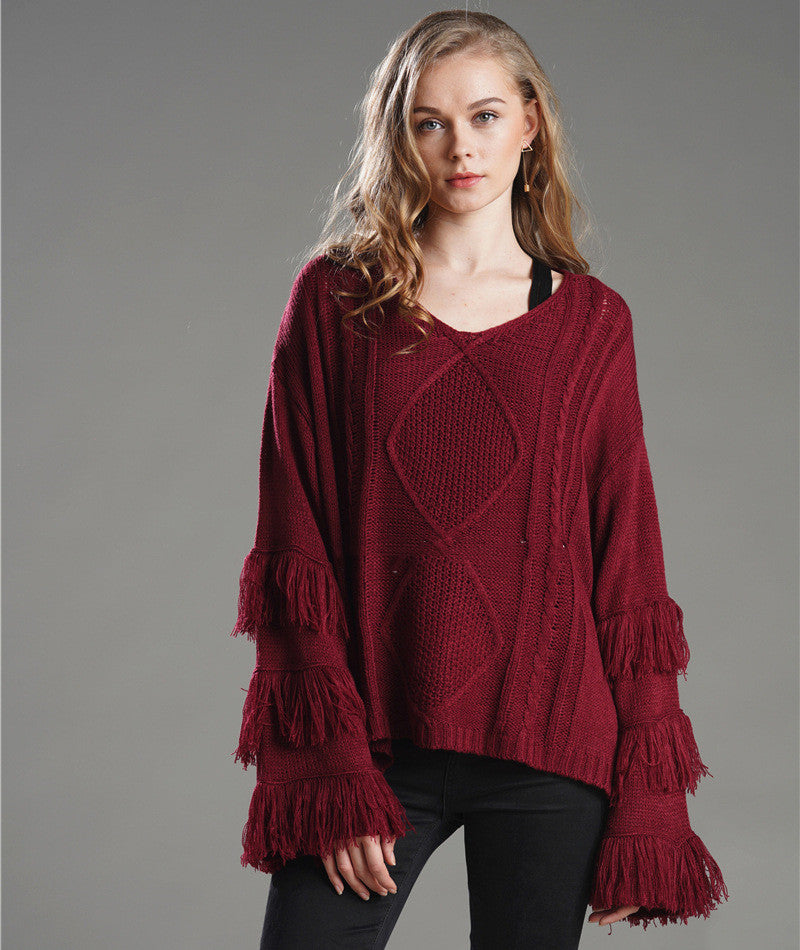 Loose Sweater Women Tassel Pure Color