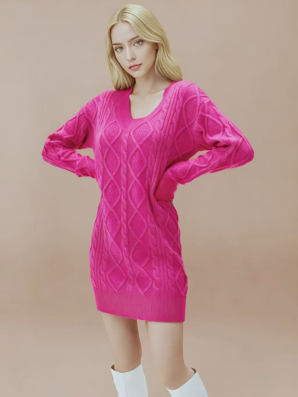 WOMEN Mid-length Sweater V-neck Knitted Twist Dress