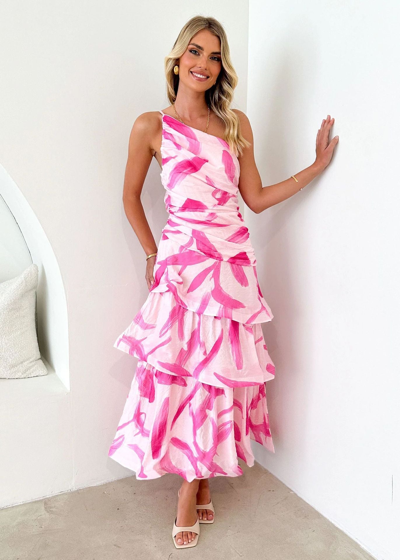 Robe longue à volants et imprimé floral pour femme (rose/violet/bleu) – Robe de soirée sexy sans manches en polyester