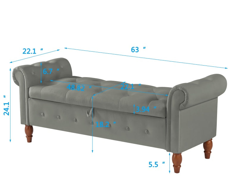 Velvet Multifunctional Storage Rectangular Sofa Stool - Grey ( USA ONLY + 3 TO 5 DAYS SHIPPING)